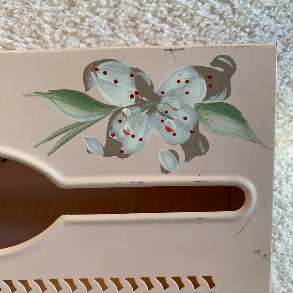 Vintage Tole Ware Metal Hand Painted Pink Floral Wall Tissue Box Cover